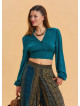 Shirt Collar Button Detailed Petrol Crop Blouse 4432